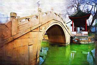 illust, materiell, befreit, Landschaft, Bild, Gemlde, Farbbleistift, Wachsmalstift, Zeichnung,,Die ganze Zhujiajiao Kannon Bridge, Wasserstrae, steinigen Sie Brcke, Eine gewlbte Brcke, Eine Welle