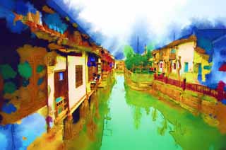 illust, matire, libre, paysage, image, le tableau, crayon de la couleur, colorie, en tirant,Canal Zhujiajiao, voie navigable, La surface de l'eau, Ishigaki, mur blanc