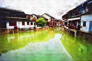 illustration,material,free,landscape,picture,painting,color pencil,crayon,drawing,Zhujiajiao canal, waterway, The surface of the water, Ishigaki, white wall