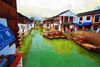 illust, materiell, befreit, Landschaft, Bild, Gemlde, Farbbleistift, Wachsmalstift, Zeichnung,,Zhujiajiao-Kanal, Wasserstrae, Die Oberflche des Wassers, Hand-bedientes fischendes Bootsschiff, Tourist