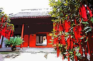 illust, materiell, befreit, Landschaft, Bild, Gemlde, Farbbleistift, Wachsmalstift, Zeichnung,,Zhujiajiao-Tempel, Chaitya, Ich werde in roten gemalt, Das Tor, Rechnung