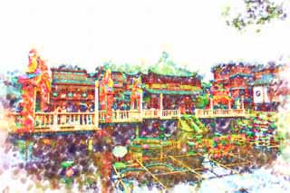 illust, material, livram, paisagem, quadro, pintura, lpis de cor, creiom, puxando,Yuyuan Garden corao de um pavilho de lago, Joss moram jardim, , lagoa, Edifcio chins