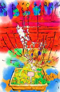 illustration,material,free,landscape,picture,painting,color pencil,crayon,drawing,The flower of the Yuyuan Garden plum, Joss house garden, , way of branch, bonsai
