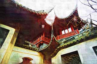 illust, materiell, befreit, Landschaft, Bild, Gemlde, Farbbleistift, Wachsmalstift, Zeichnung,,Mt. Yuyuan Garden befiehlt Tempel, Joss Hausgarten, , Chinesischer Essensstil, Chinesisches Gebude