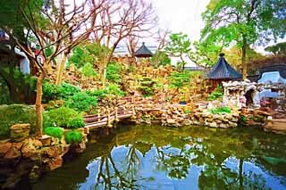 illust, material, livram, paisagem, quadro, pintura, lpis de cor, creiom, puxando,Mt. Yuyuan Garden templo de comando, Joss moram jardim, , Estilo de comida chins, lagoa