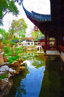 illust, materiell, befreit, Landschaft, Bild, Gemlde, Farbbleistift, Wachsmalstift, Zeichnung,,Mt. Yuyuan Garden befiehlt Tempel, Joss Hausgarten, , Chinesischer Essensstil, Teich