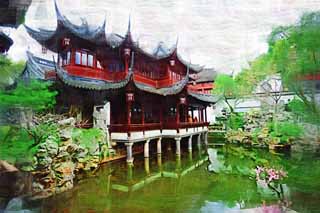 illust,tela,gratis,paisaje,fotografa,idea,pintura,Lpiz de color,dibujo,Monte. Templo de mandato de jardn de Yuyuan, Jardn de casa de santuario chino, , Estilo de comida chino, Laguna