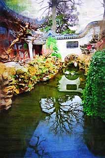 illust, materiell, befreit, Landschaft, Bild, Gemlde, Farbbleistift, Wachsmalstift, Zeichnung,,Yuyuan Garden-Wasserstrae, Joss Hausgarten, , Wasserstrae, Chinesisches Gebude