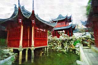 illust, matire, libre, paysage, image, le tableau, crayon de la couleur, colorie, en tirant,Yuyuan jardinent, Joss logent le jardin, , Style de la nourriture chinois, Je suis peint en rouge