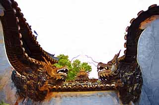 illustration,material,free,landscape,picture,painting,color pencil,crayon,drawing,Yuyuan Garden dragon wall, Joss house garden, dragon, roof tile, Chinese building