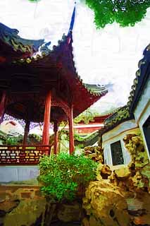 illustration,material,free,landscape,picture,painting,color pencil,crayon,drawing,Yuyuan Garden, Joss house garden, , Chinese food style, I am painted in red