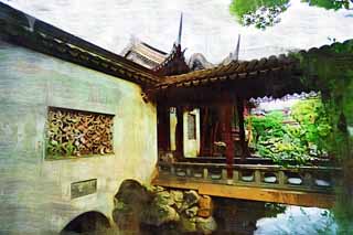 illust, matire, libre, paysage, image, le tableau, crayon de la couleur, colorie, en tirant,Yuyuan jardinent, Joss logent le jardin, , Style de la nourriture chinois, Je suis peint en rouge