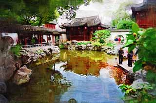 illustration,material,free,landscape,picture,painting,color pencil,crayon,drawing,Yuyuan Garden, Joss house garden, , Chinese food style, pond