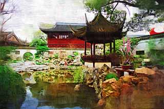 illustration,material,free,landscape,picture,painting,color pencil,crayon,drawing,Yuyuan Garden, Joss house garden, , Chinese food style, pond