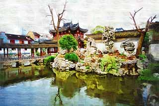 illust,tela,gratis,paisaje,fotografa,idea,pintura,Lpiz de color,dibujo,Jardn de Yuyuan, Jardn de casa de santuario chino, Tech edificios viaje conectar, Estilo de comida chino, Laguna