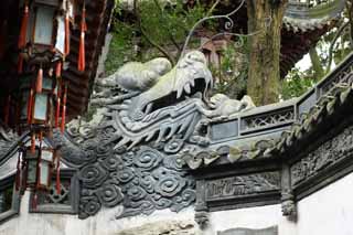 Foto, materiell, befreit, Landschaft, Bild, hat Foto auf Lager,Yuyuan Garden Drachenmauer, Joss Hausgarten, Drachen, Dachziegel, Chinesisches Gebude