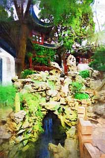 illust, matire, libre, paysage, image, le tableau, crayon de la couleur, colorie, en tirant,Yuyuan jardinent, Joss logent le jardin, Faire une pierre jardiner, Style de la nourriture chinois, Je suis peint en rouge