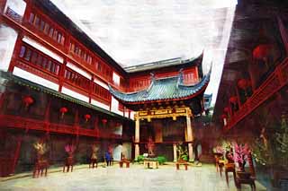 illust, matire, libre, paysage, image, le tableau, crayon de la couleur, colorie, en tirant,Yuyuan Garden vieille position de la clownerie, Joss logent le jardin, Faire une pierre jardiner, Style de la nourriture chinois, Je suis peint en rouge