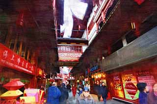 illustration,material,free,landscape,picture,painting,color pencil,crayon,drawing,Yuyuan Garden shopping mall, Joss house garden, crowd, Downtown, dining room