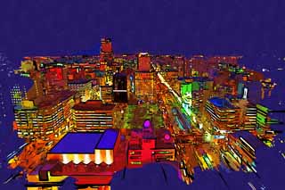 Illust, materieel, vrij, landschap, schilderstuk, schilderstuk, kleuren potlood, crayon, werkje,Een avond uitzicht van Sapporo, Stad, Illumineringen, Maak, Ik ben prachtig
