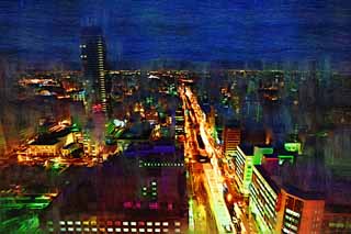 illust, material, livram, paisagem, quadro, pintura, lpis de cor, creiom, puxando,Uma viso noturna de Sapporo, cidade, Iluminaes, luz, Eu estou bonito