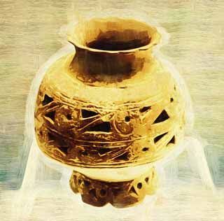 illustration,material,free,landscape,picture,painting,color pencil,crayon,drawing,Ancient Chinese Matsuzawa culture bluish gray earthenware in ancient China tower aperture can, pot, The ancients, pattern, The history