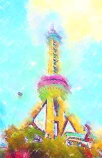 illustration,material,free,landscape,picture,painting,color pencil,crayon,drawing,Watch east light ball train; a tower, An electric wave tower, sightseeing spot, An oriental pearl tower, An outside rough sea