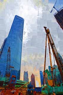 illustration,material,free,landscape,picture,painting,color pencil,crayon,drawing,During Shanghai development, heavy industrial machine, The construction spot, Development, skyscraper