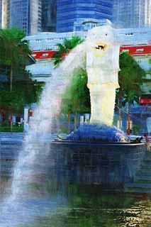 Illust, materieel, vrij, landschap, schilderstuk, schilderstuk, kleuren potlood, crayon, werkje,Merlion, Singapure, Merlion parkeren, Mermaid, Oeroude stad