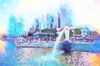 Illust, materieel, vrij, landschap, schilderstuk, schilderstuk, kleuren potlood, crayon, werkje,Merlion, Singapure, Torenflat, Mermaid, Oeroude stad