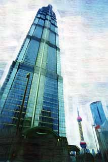 illustration,material,free,landscape,picture,painting,color pencil,crayon,drawing,Shanghai skyscraper, Watch east light ball train; a tower, gin ramie tower, Shigeru Kim, skyscraper