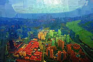 illust, materiale, libero panorama, ritratto dipinto, matita di colore disegna a pastello, disegnando,Sviluppo di Sciangai, Huangpu Jiang, Pudong area Nuova, Un appartamento, grattacielo