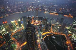 foto,tela,gratis,paisaje,fotografa,idea,Anochecer de Shangai, Vista excelente, Lo enciendo, Tren de pelota de luz de este de reloj; una torre, Rascacielos