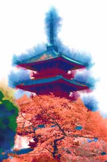 illust,tela,gratis,paisaje,fotografa,idea,pintura,Lpiz de color,dibujo,Ikegami presta cinco pagoda de Storeyed a templo de recaudacin, Takashi Nichiren, Chaitya, Cinco pagoda de Storeyed, Hidetada pblico