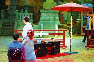 illustration,material,free,landscape,picture,painting,color pencil,crayon,drawing,An outdoor tea ceremony, Tea ceremony, tea ceremony, sum umbrella, Manners