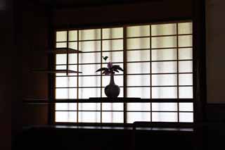 photo,material,free,landscape,picture,stock photo,Creative Commons,A shoji window, shoji window, shelf, clematis, Japanese architectural style architecture