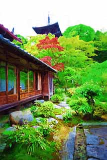Illust, materieel, vrij, landschap, schilderstuk, schilderstuk, kleuren potlood, crayon, werkje,Taima tempel Nakano Bo, Japanse tuin, Jap gebouw, Drievoudige toren, Wijdvermaarde tuin