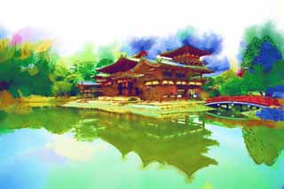 illust, matire, libre, paysage, image, le tableau, crayon de la couleur, colorie, en tirant,Byodo-dans Temple temple du phnix chinois, patrimoine de l'humanit, Foi Jodo, Pessimisme d  la croyance dans la troisime et dernire tape de Bouddhisme, Un Amitabha image sdentaire