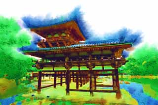 illustration,material,free,landscape,picture,painting,color pencil,crayon,drawing,Byodo-in Temple Chinese phoenix temple, world heritage, Jodo faith, Pessimism due to the belief in the third and last stage of Buddhism, An Amitabha sedentary image