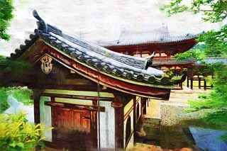 illustration,material,free,landscape,picture,painting,color pencil,crayon,drawing,Byodo-in Temple Chinese phoenix temple, world heritage, Jodo faith, Pessimism due to the belief in the third and last stage of Buddhism, An Amitabha sedentary image