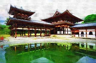 illustration,material,free,landscape,picture,painting,color pencil,crayon,drawing,Byodo-in Temple Chinese phoenix temple, world heritage, Jodo faith, Pessimism due to the belief in the third and last stage of Buddhism, An Amitabha sedentary image