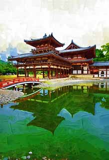 illust, matire, libre, paysage, image, le tableau, crayon de la couleur, colorie, en tirant,Byodo-dans Temple temple du phnix chinois, patrimoine de l'humanit, Foi Jodo, Pessimisme d  la croyance dans la troisime et dernire tape de Bouddhisme, Un Amitabha image sdentaire