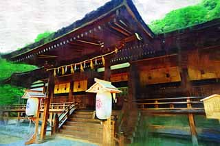 illustration,material,free,landscape,picture,painting,color pencil,crayon,drawing,It is a Shinto shrine front shrine in Uji, lantern, Shinto straw festoon, bamboo blind, Shinto