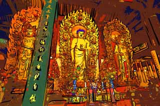 illustration,material,free,landscape,picture,painting,color pencil,crayon,drawing,A Ryuge mass temple Buddhist image, Buddhism, Chinese food, Gold, Buddhist image