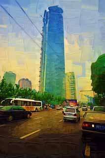 illustration,material,free,landscape,picture,painting,color pencil,crayon,drawing,Row of houses along a city street of Shanghai, building, paved road, bus, car
