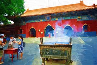illustration,material,free,landscape,picture,painting,color pencil,crayon,drawing,Yonghe Temple Yonghe gate, Rich coloring, An incense holder, Faith, Chaitya
