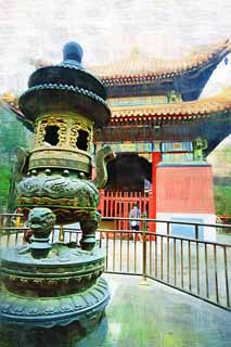 illust, materiell, befreit, Landschaft, Bild, Gemlde, Farbbleistift, Wachsmalstift, Zeichnung,,Ein Yonghe Temple erzrnt Lampe, Skulptur, Drachen, Muster, Chaitya