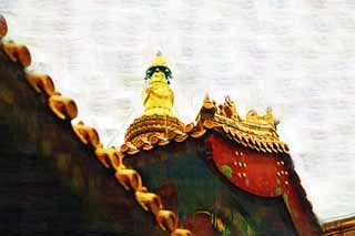 illust, matire, libre, paysage, image, le tableau, crayon de la couleur, colorie, en tirant,Une tour de Temple Yonghe, Tibet, chane, Argent, Chaitya