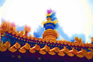 illustration,material,free,landscape,picture,painting,color pencil,crayon,drawing,A Yonghe Temple tower, Tibet, chain, Money, Chaitya