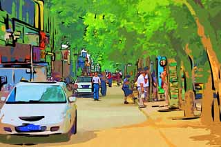 illustration,material,free,landscape,picture,painting,color pencil,crayon,drawing,According to Beijing, bus stop, car, An electric wire, roadside tree